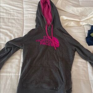 The North Face Dark Gray Hoodie with Bright Pink Accents
